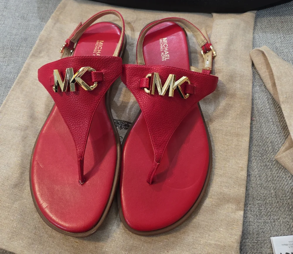 Michael Kors Vibrant Red Sandals with Gold Accents - Picture 3 of 6